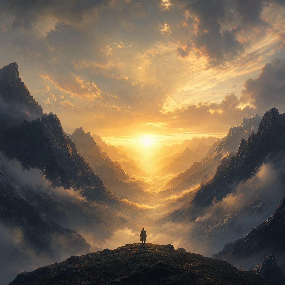 Cinematic Horizon album cover artwork featuring an anonymous traveler facing a glowing horizon