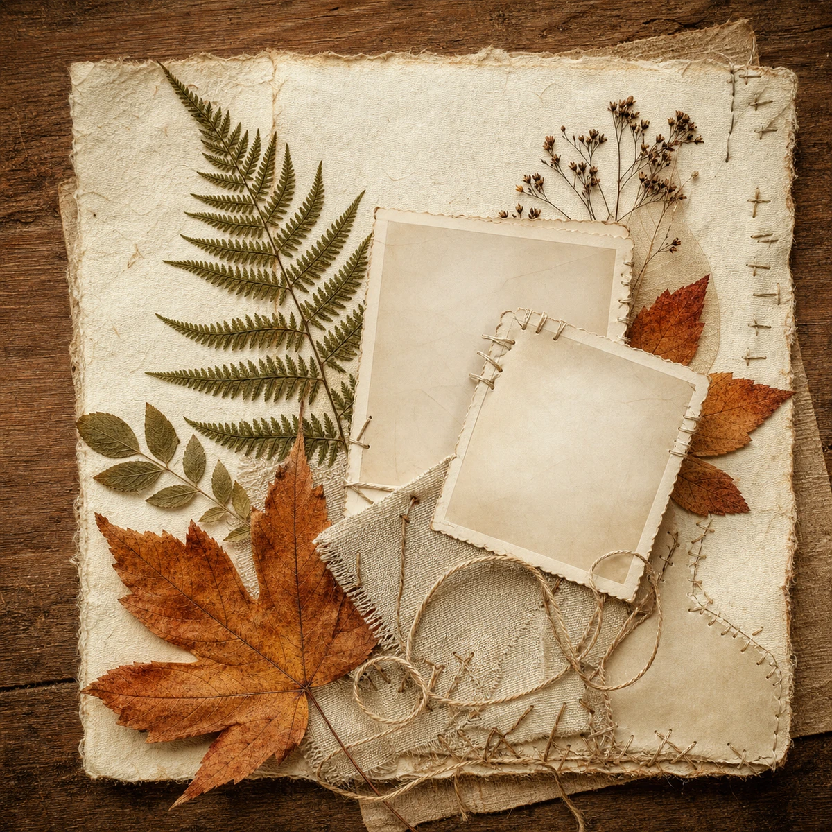 Handmade Folk Memory album cover artwork featuring pressed leaves and linen thread in a folk scrapbook