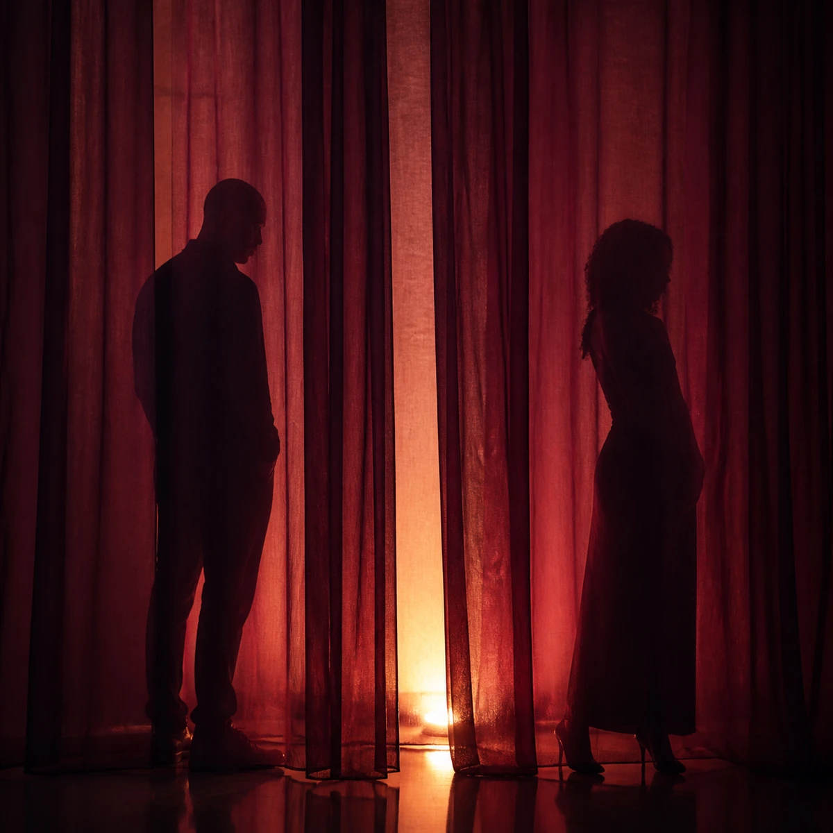 Intimate R&B Shadows album cover artwork featuring anonymous silhouettes behind sheer plum curtains