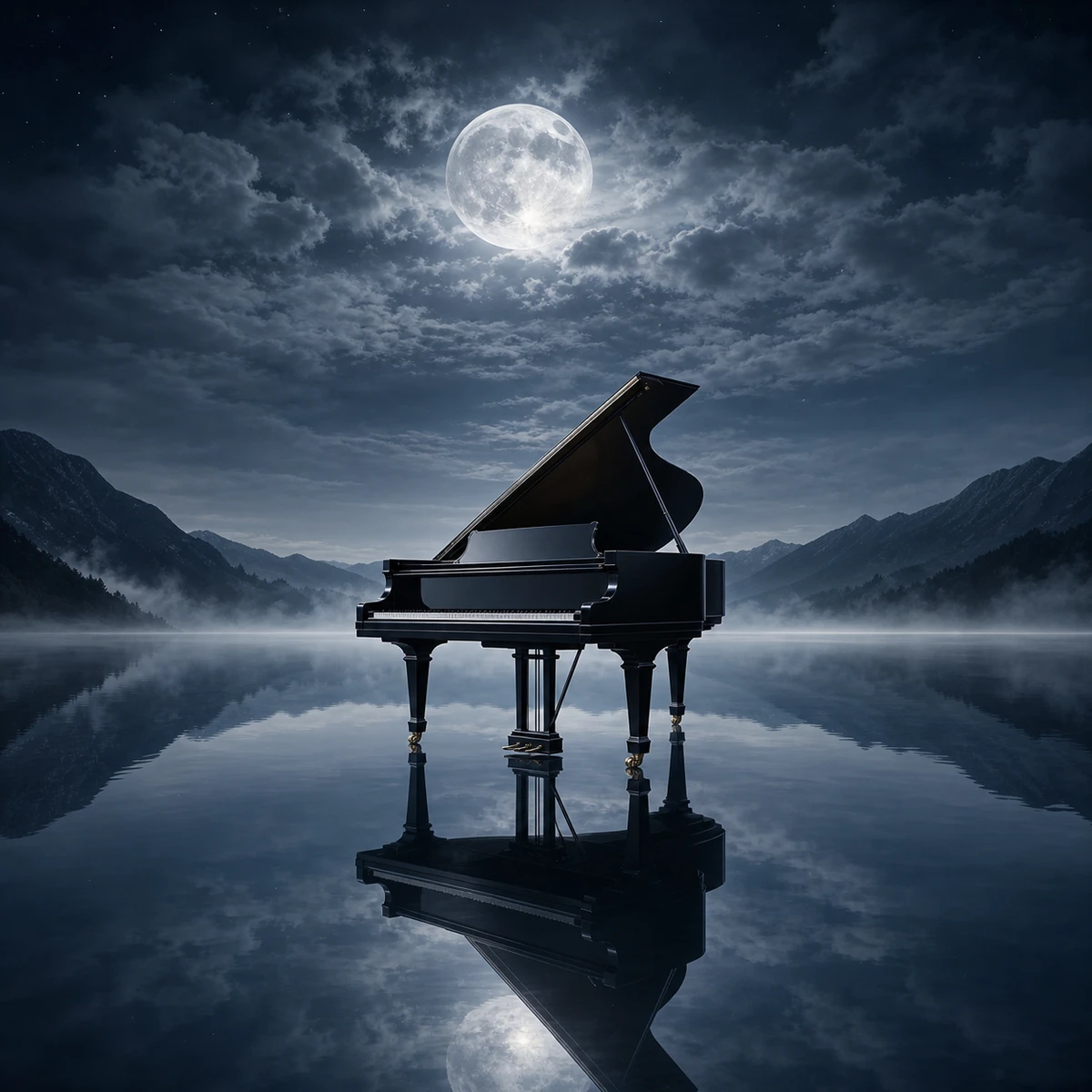 Moonlit Classical album cover artwork featuring a grand piano reflected across a moonlit lake