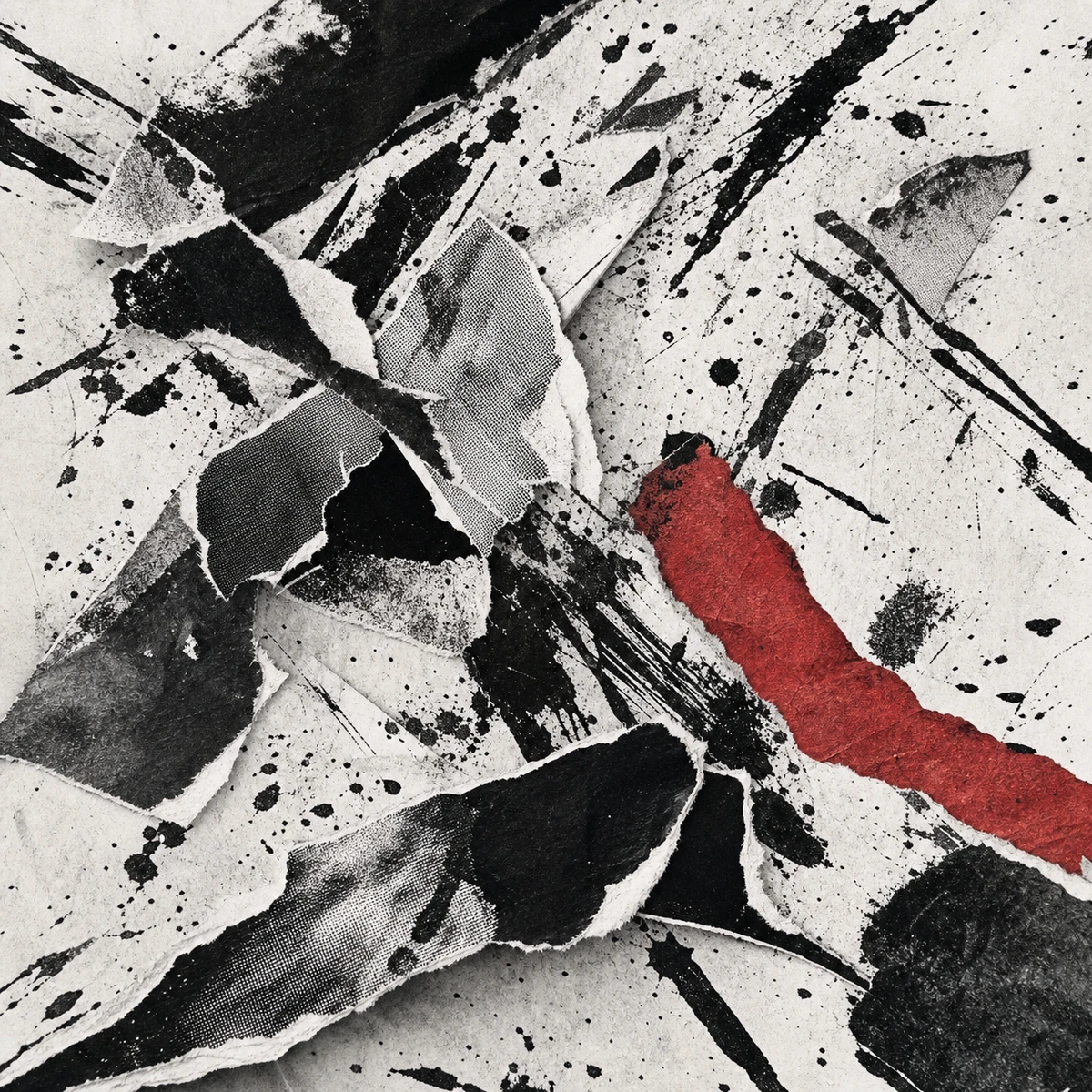 Punk Xerox Chaos album cover artwork featuring ripped xerox paper layered with black ink splashes
