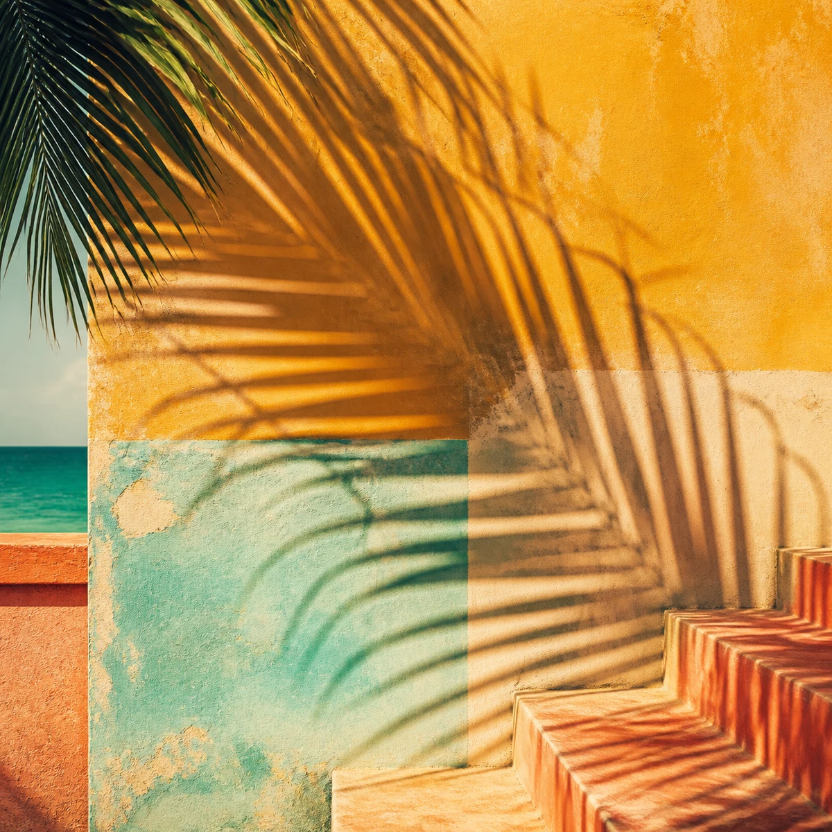 Sunlit Reggae Rhythm album cover artwork featuring long palm shadows crossing a sunlit coastal wall