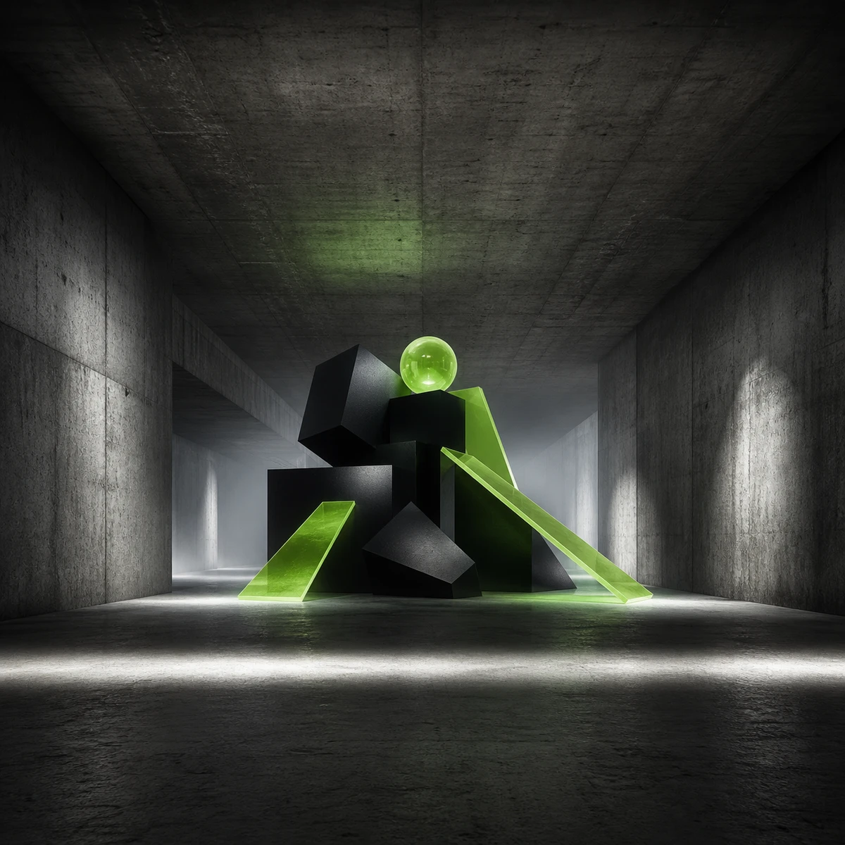 Underground House Geometry album cover artwork featuring acid-green geometry inside a concrete basement