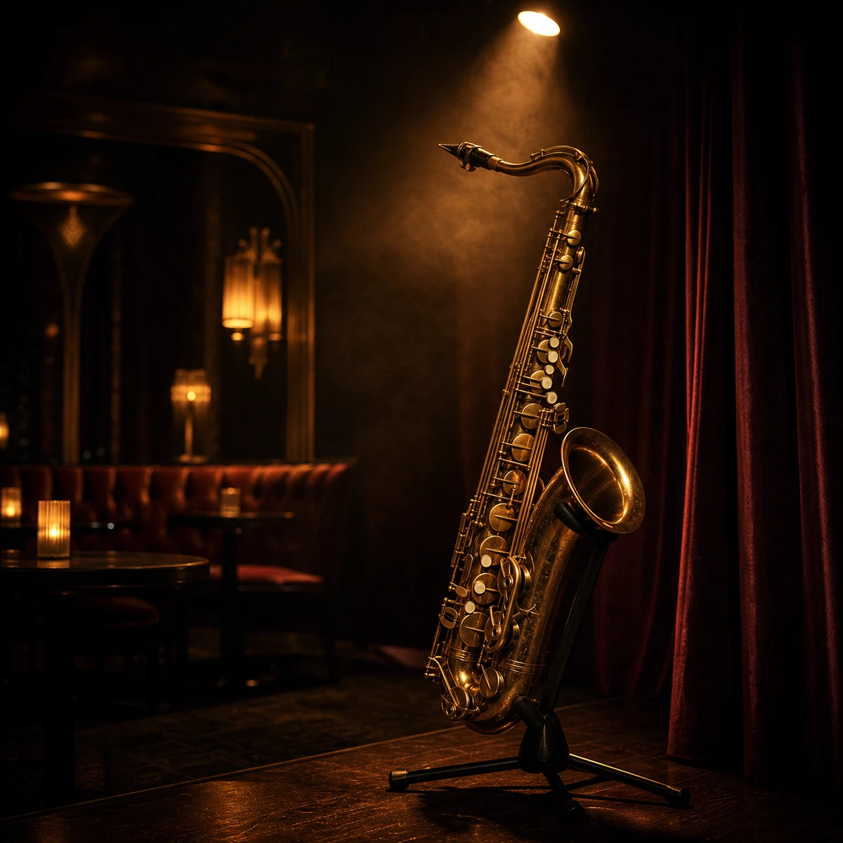 Velvet Jazz Club album cover artwork featuring a brass saxophone beneath an amber spotlight